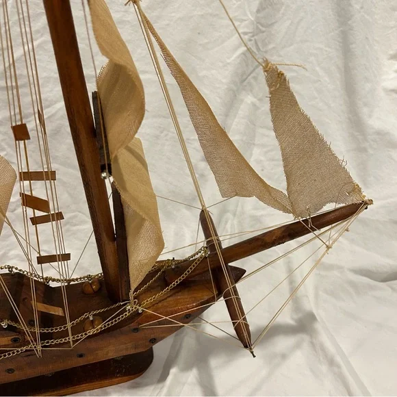 Vintage Sailboat Huge Handmade Multi Fabric Sail Boat Wooden Wood